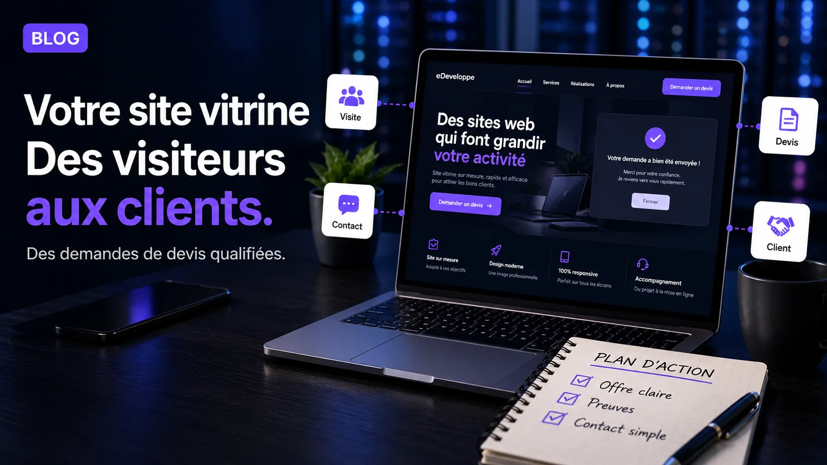 Site vitrine sur un laptop, avec les étapes visite, contact, devis et client