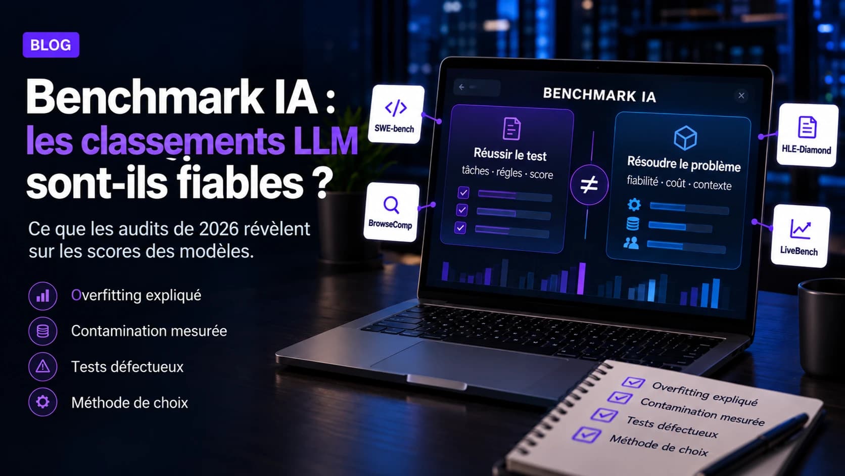 Ordinateur affichant deux approches des benchmarks IA, avec les logos SWE-bench, HLE-Diamond, BrowseComp et LiveBench autour de l’écran.