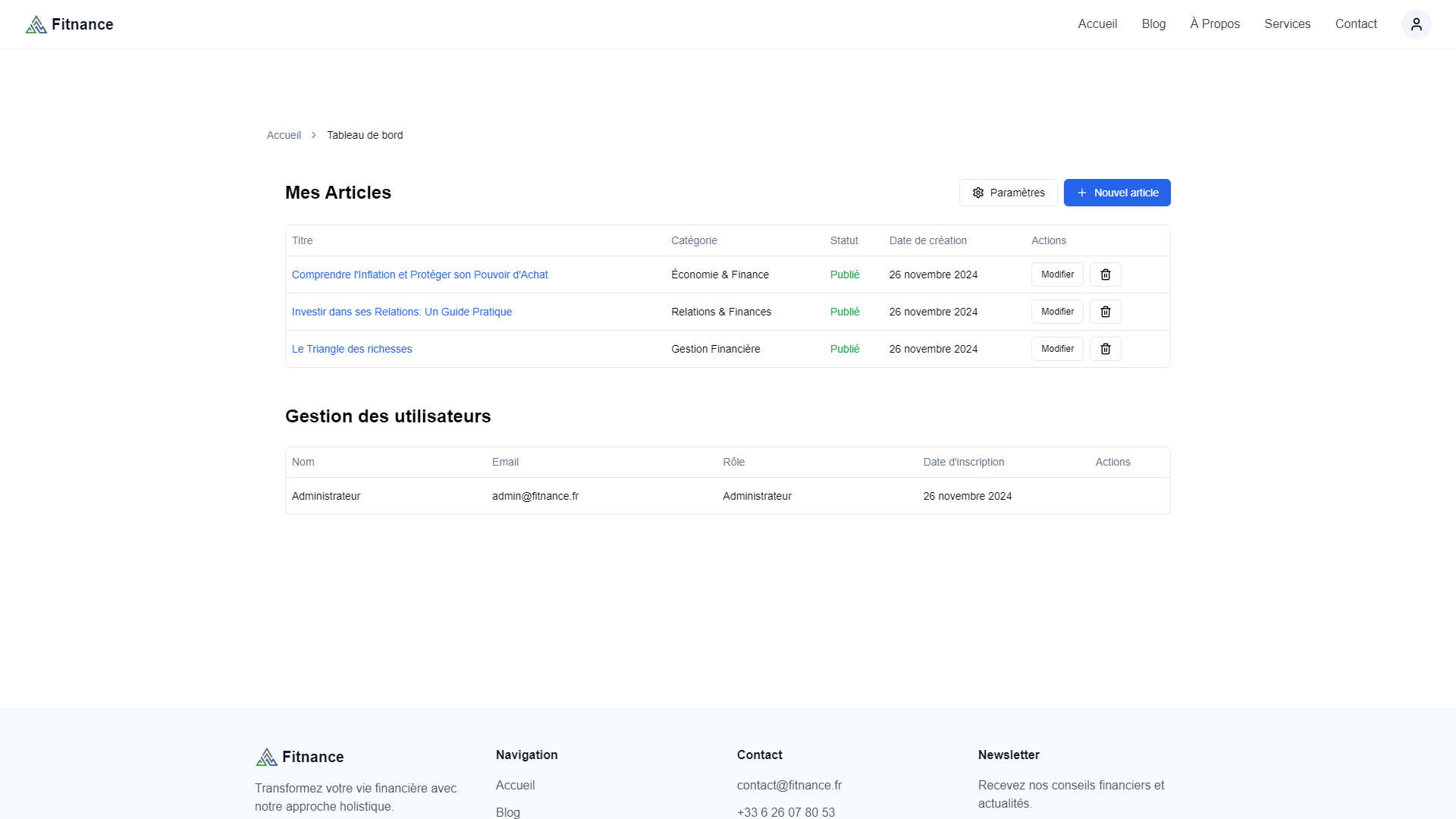 Fitnance, site web avec blog et newsletter, aperçu 2
