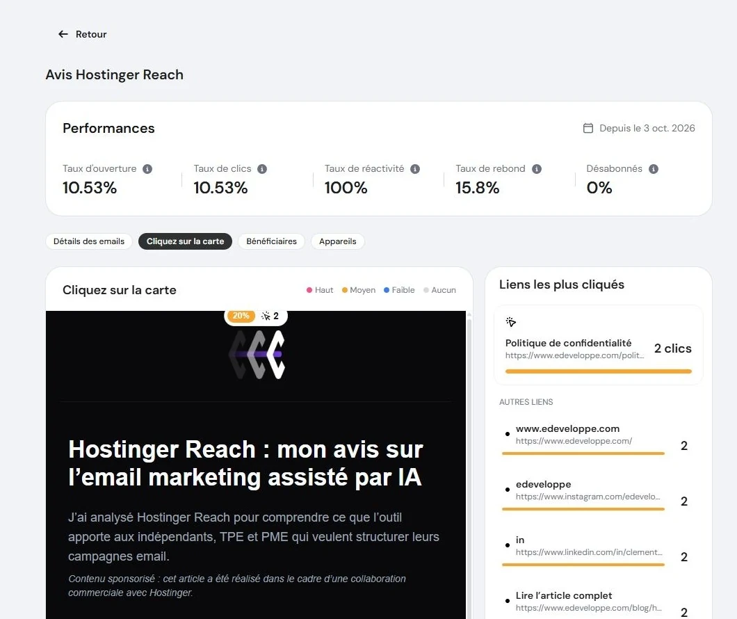Carte des clics Reach montrant la newsletter envoyée et deux clics attribués aux différents liens suivis