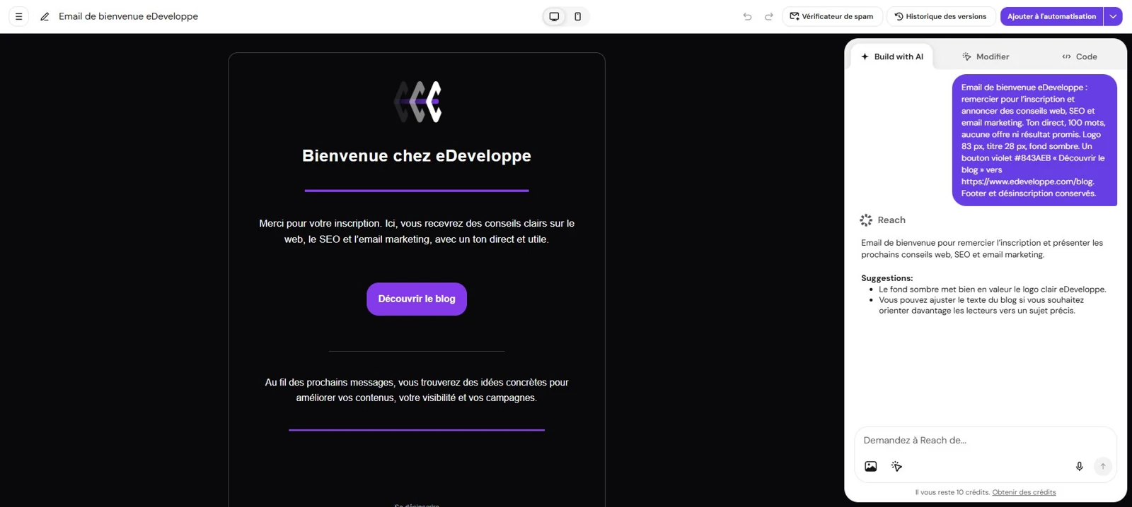 Message de bienvenue eDeveloppe créé par IA avec un seul bouton vers le blog dans Reach