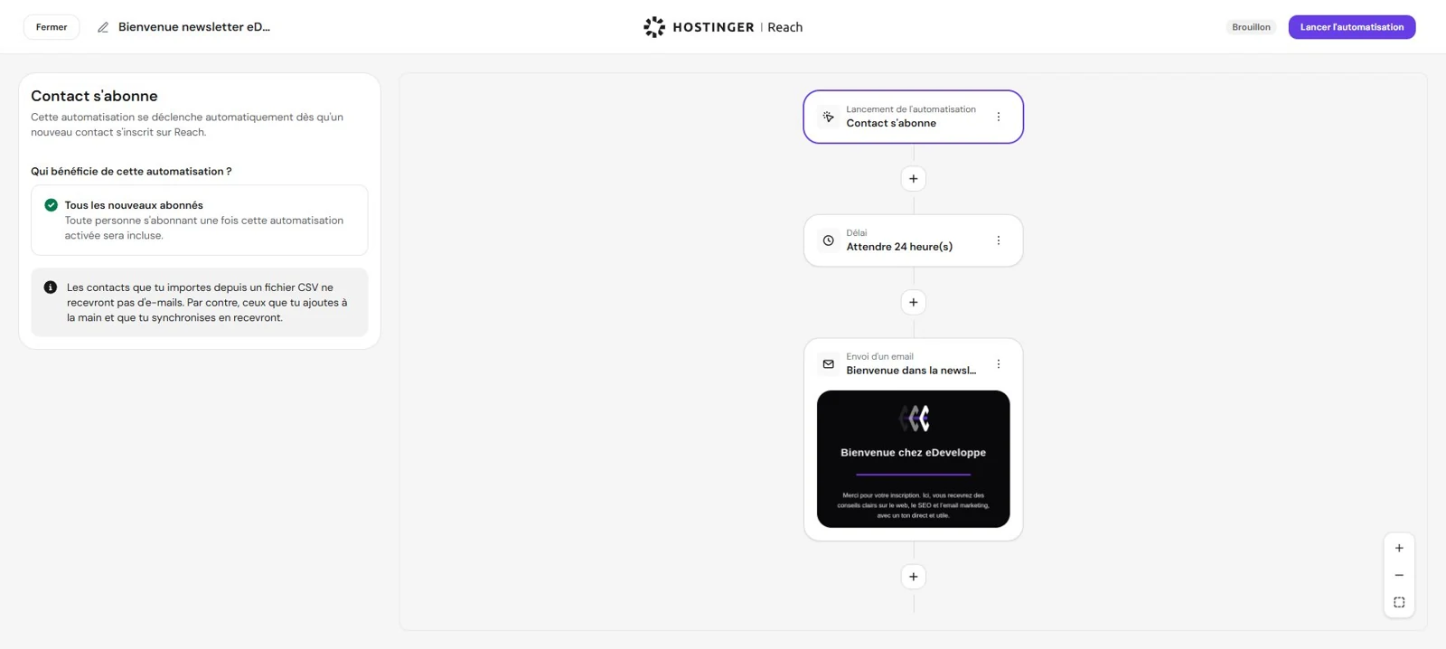 Parcours de bienvenue eDeveloppe dans le constructeur d’automatisation Reach