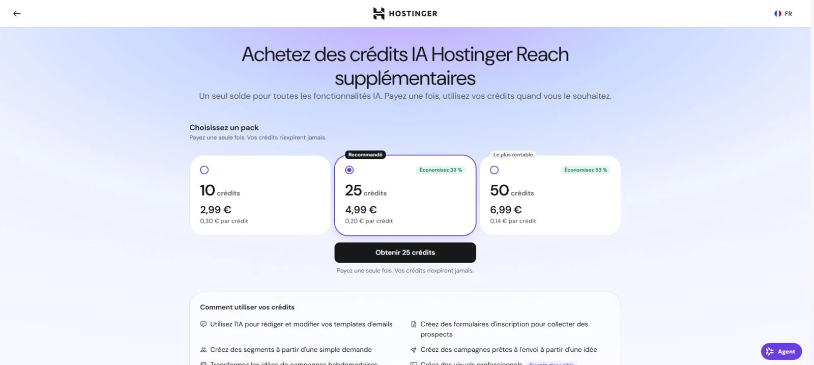 Packs de crédits IA supplémentaires spécifiques à Hostinger Reach