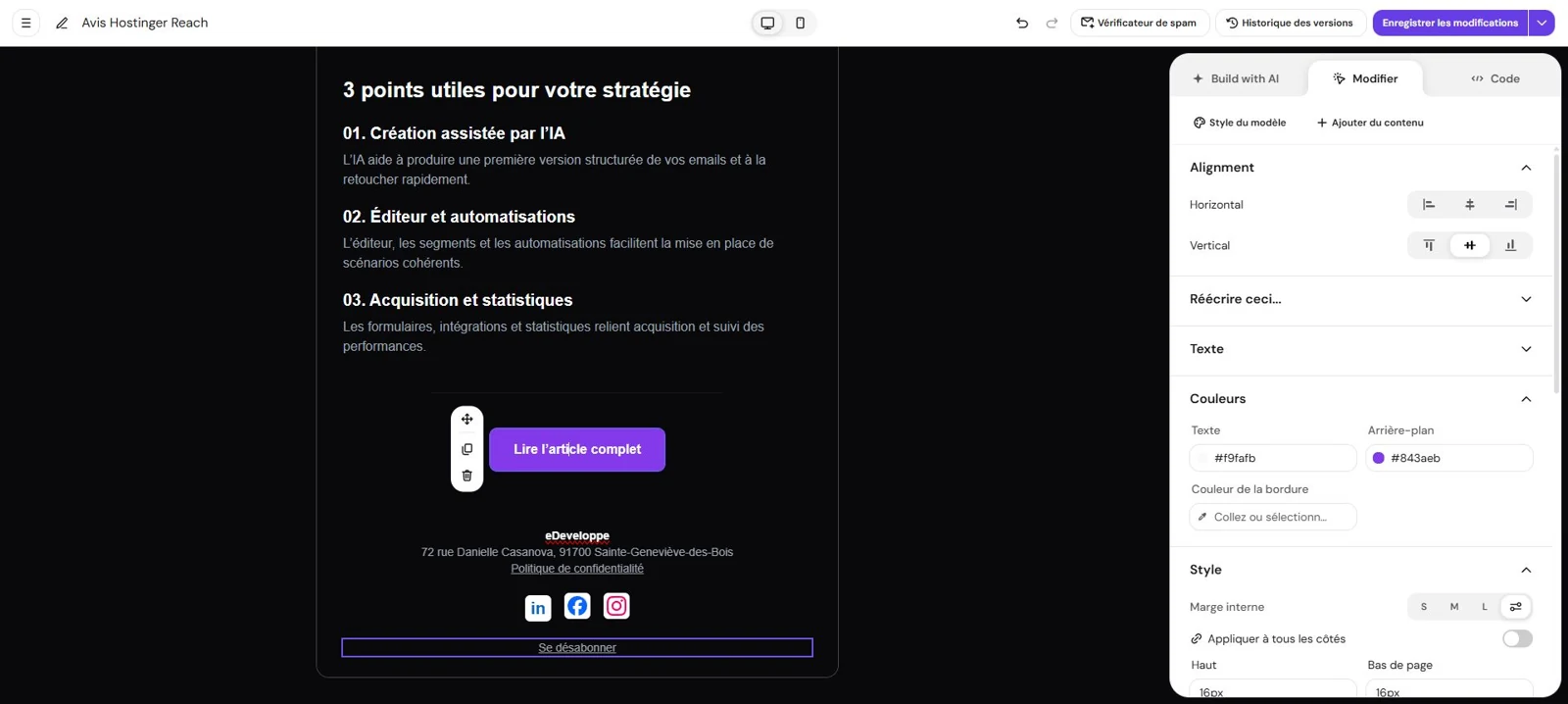 CTA réel de la newsletter eDeveloppe avec fond violet #843AEB, texte clair et pastilles sociales blanches