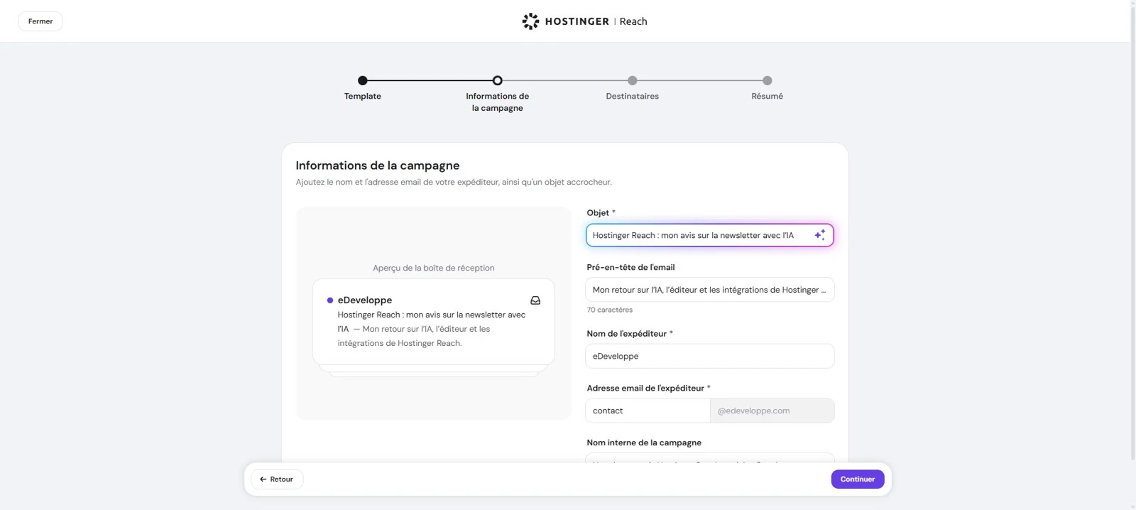 Objet, préheader et expéditeur configurés pour la newsletter Hostinger Reach