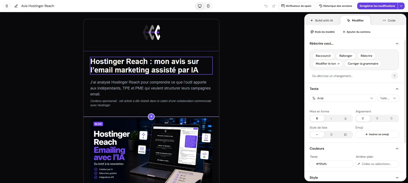 Newsletter eDeveloppe dans l’éditeur Reach, avec un titre compact et la couverture de l’article