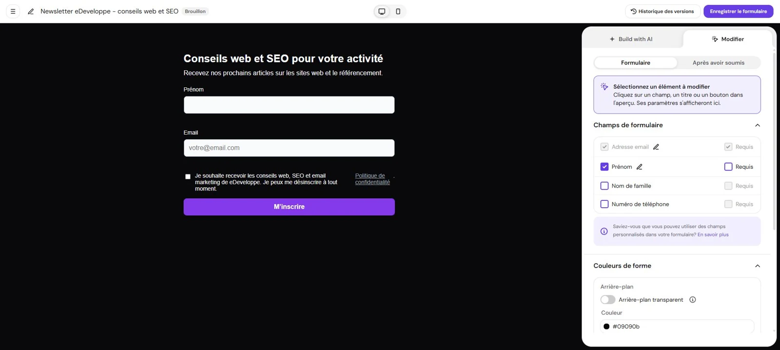Formulaire de newsletter eDeveloppe et réglages de ses champs dans Reach