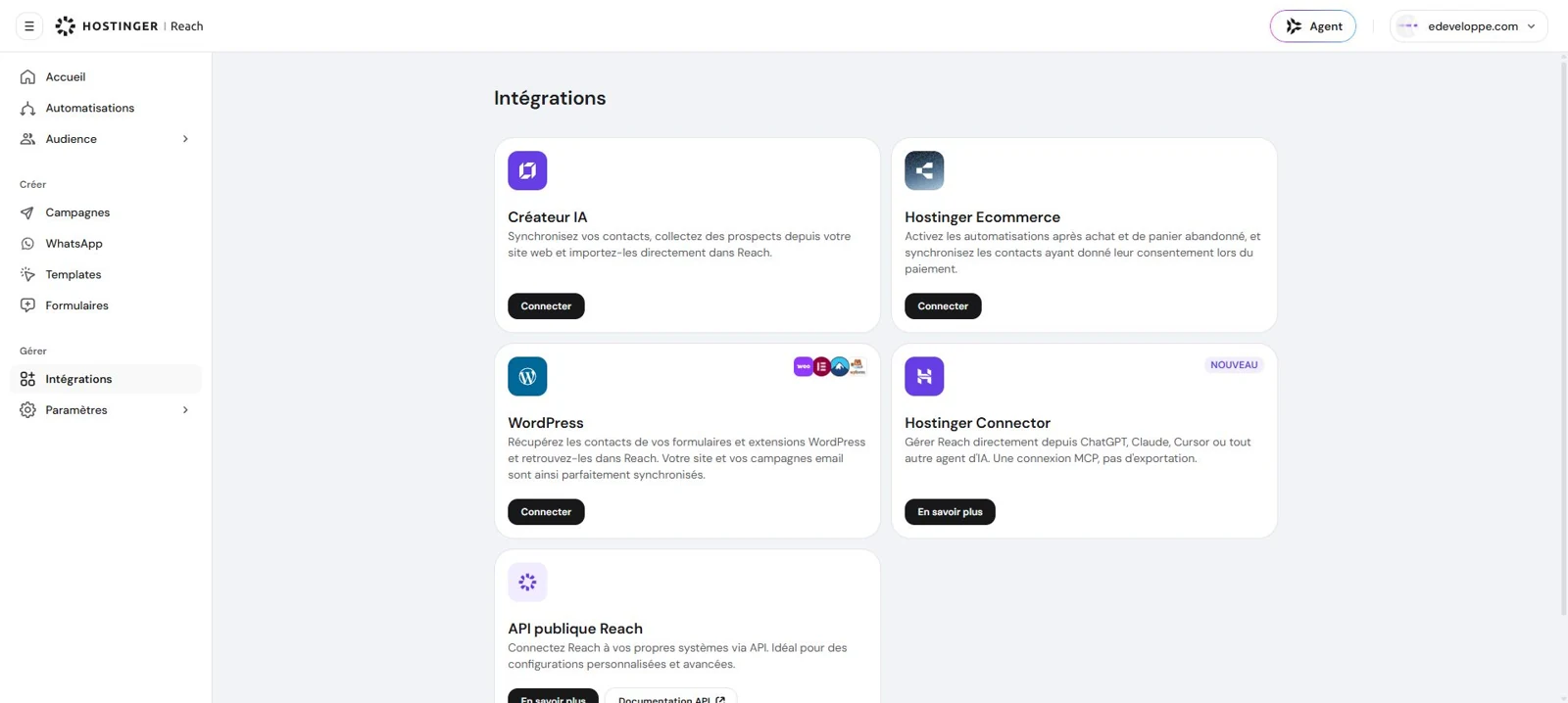 Options d’intégration WordPress, Hostinger et API publique dans Reach