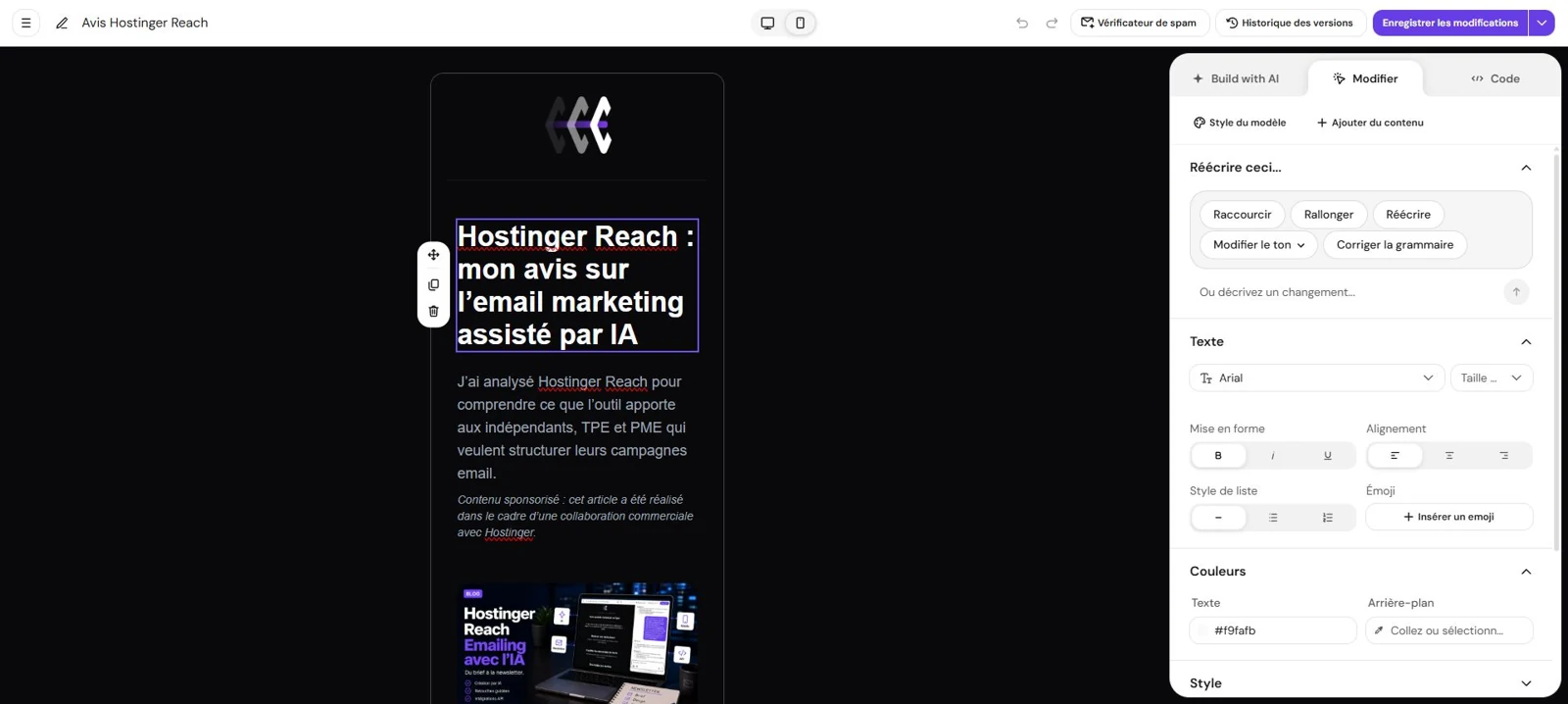 Aperçu mobile de la newsletter annonçant l’article Hostinger Reach