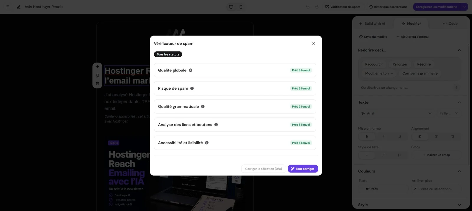 Diagnostic du vérificateur de spam sur la newsletter eDeveloppe annonçant l’article Reach
