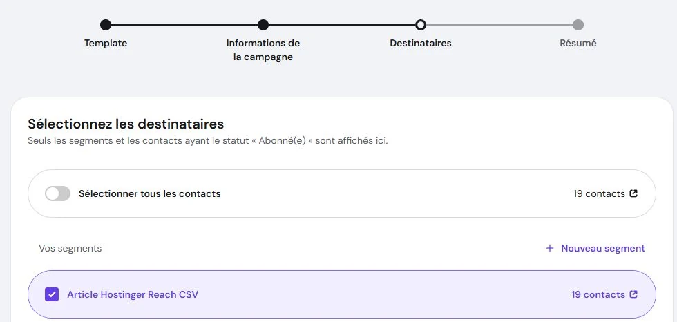 Segment de 19 abonnés sélectionné comme audience de la newsletter Reach