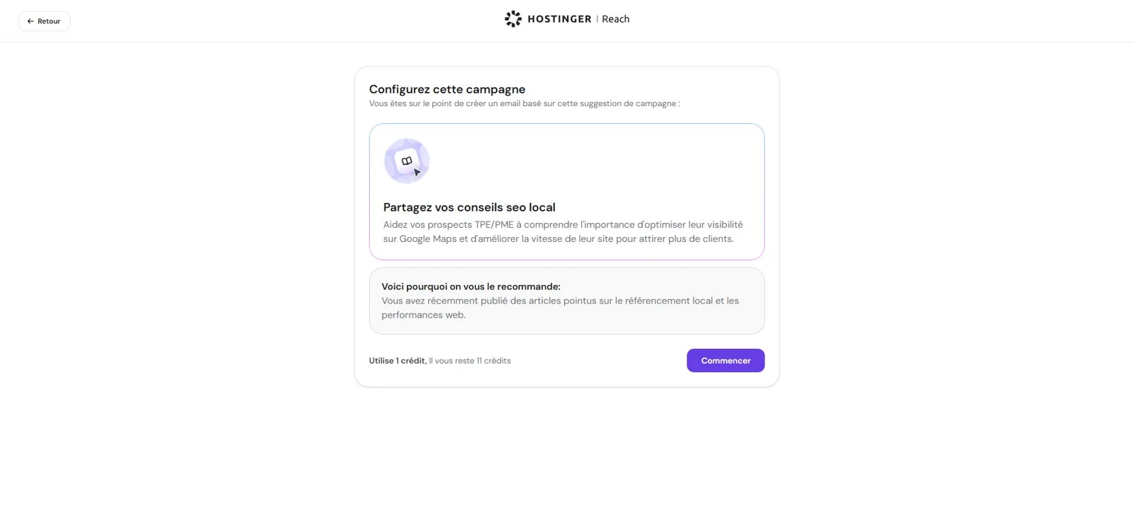 Objectif SEO local, justification et coût en crédit de la recommandation Reach