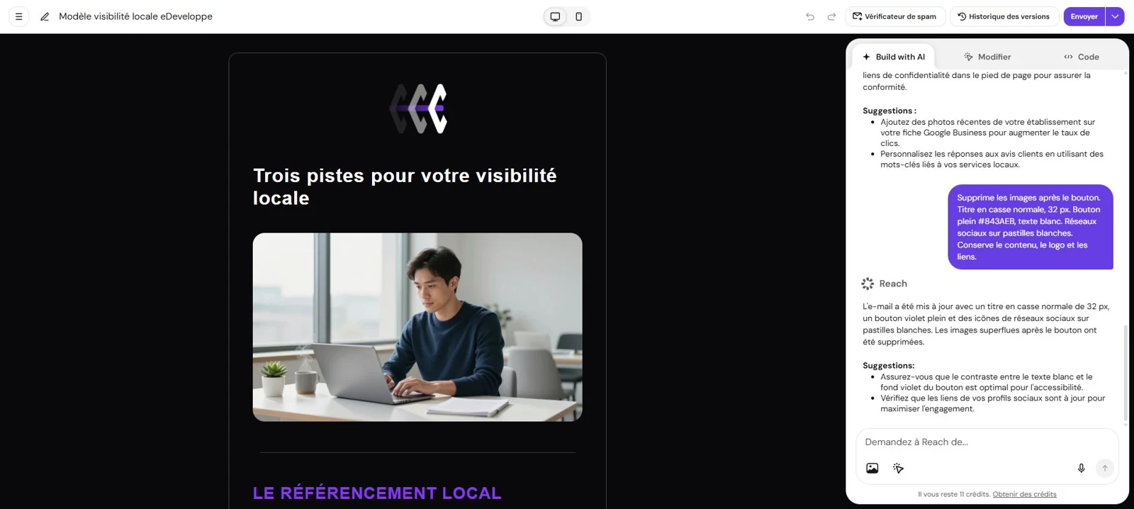 Nouveau template SEO local eDeveloppe et consignes courtes visibles dans la conversation IA Reach