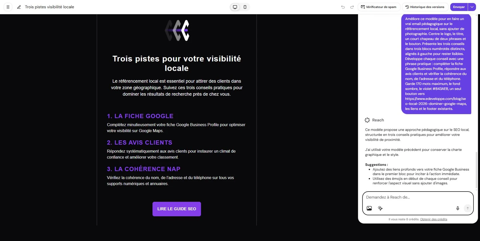 Newsletter SEO local enrichie avec titre et introduction centrés, trois conseils numérotés et consigne visible dans Reach