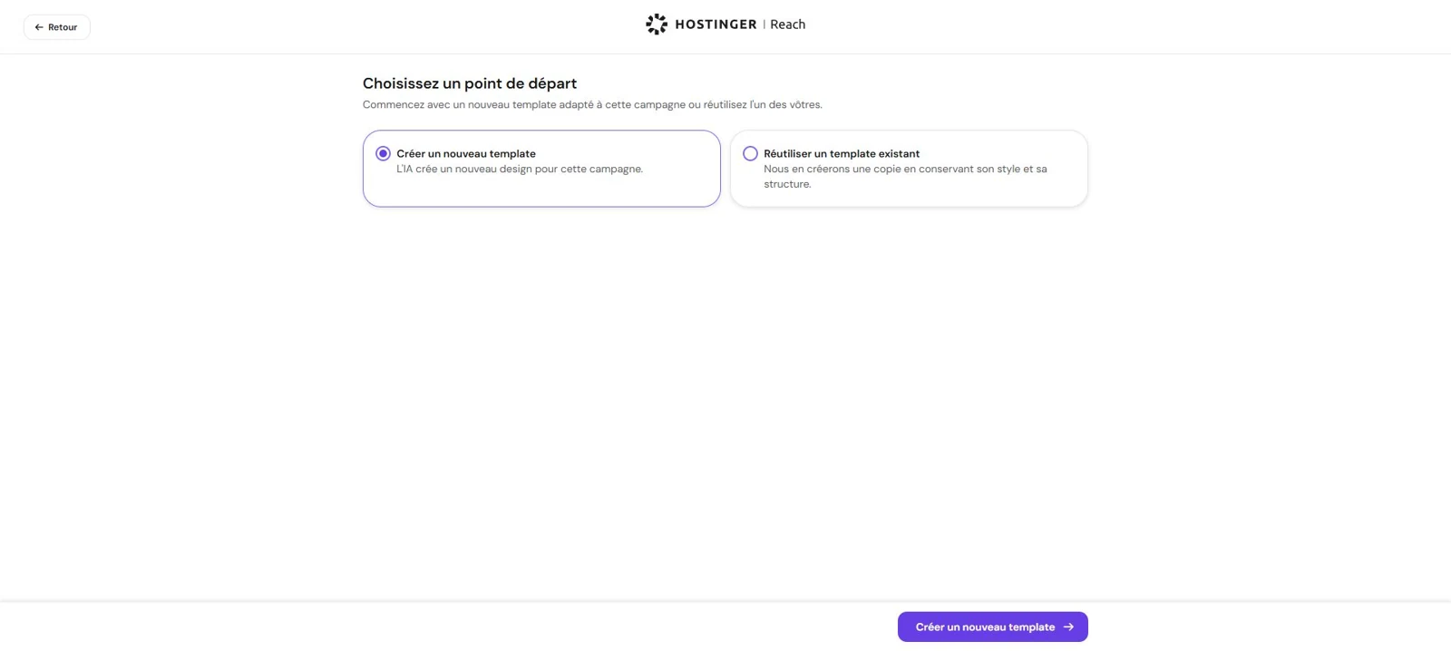 Option Créer un nouveau template sélectionnée dans le parcours des recommandations Reach
