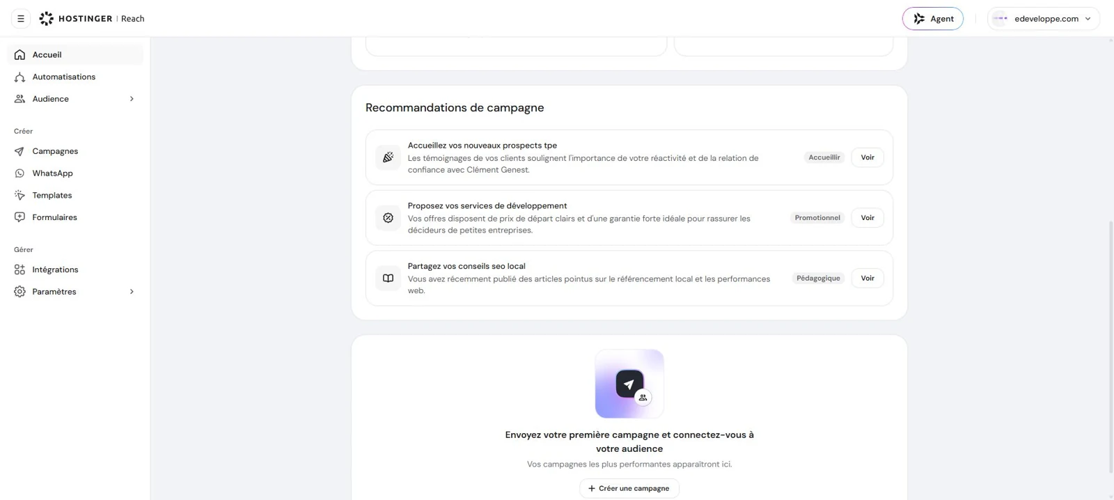 Recommandations de campagne Reach adaptées aux services web et aux articles SEO d’eDeveloppe